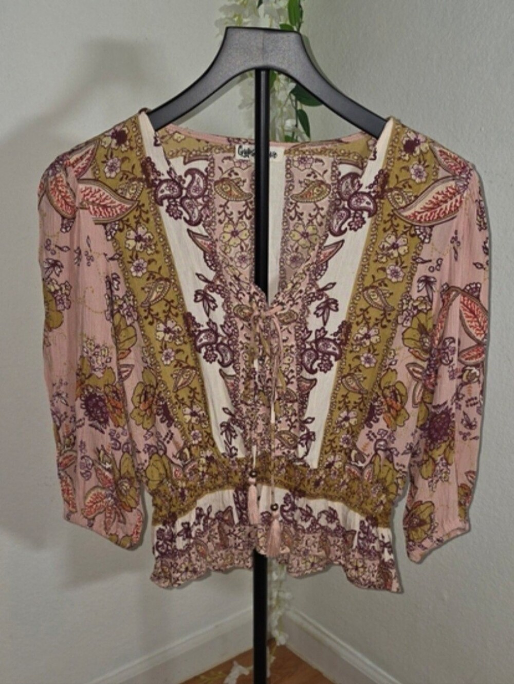 Boho Tie-Front Peasant Blouse in Light Pink Floral